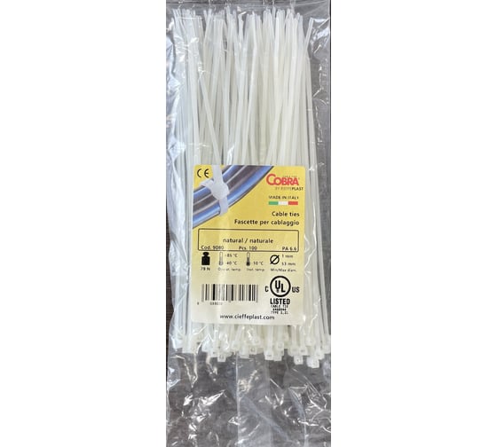 Изображение товара Стяжка для кабеля Terminator 100x2.5 белая, 100 шт. Cobra/Italy Natural 9100198