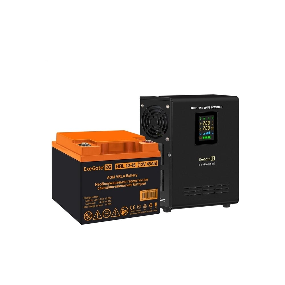 Изображение товара Комплект ИБП ExeGate SX-800.LCD.AVR.2SH800VA500W с батареей 45Ач для котлов, компьютеров и медицинс