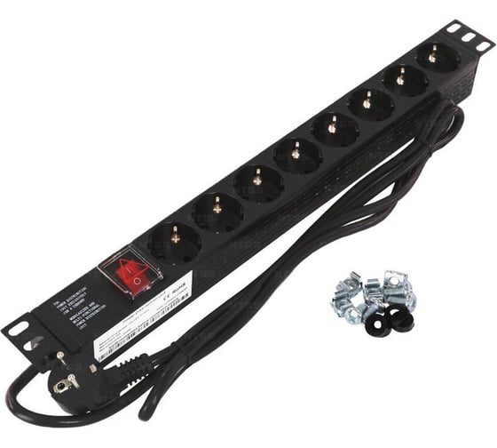 Изображение товара Блок розеток NTSS 19", 1U, пластик, 1ф16A, 3.7кВт, (8) Schuko CEE 7/7, выкл. с подсв.и крыш., 1.8м каб., вил. Schuko NTSS-PDU-DA2032