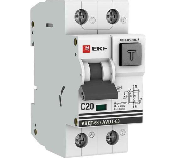 Изображение товара Дифференциальный автомат EKF АВДТ-63, 20А/30мА (характеристика С, электронный, тип А) 6кА PROxima DA63-20-30e