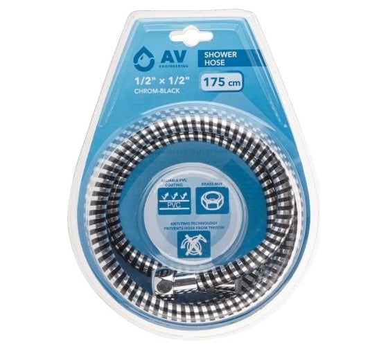 Изображение товара Шланг душевой AV Engineering, PVC, 1/2 г-г, 175 см, хром-черн. AVSSS-108