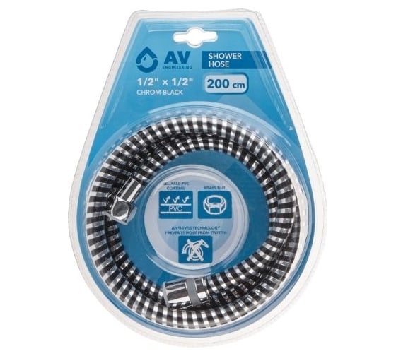 Изображение товара Шланг душевой AV Engineering, PVC, 1/2 г-г, 200 см, хром-черн. AVSSS-109