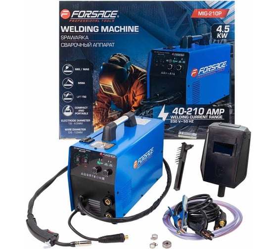 Изображение товара Сварочный аппарат Forsage 4.5 кВт, 230 В, диаметр электрода - 1.6-4 мм, диаметр проволоки - 0.6-1 мм, сварочный ток - 40-210 А F-MIG-210P(58935)