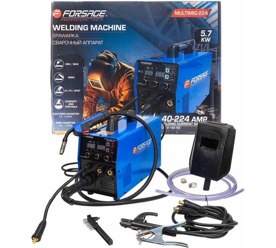 Изображение товара Сварочный аппарат Forsage 5.7 кВт, 230 В, диаметр электрода - 1.6-4 мм, диаметр проволоки - 0.6-1 мм, сварочный ток - 40-224 А F-MULTIMIG-224(58937)