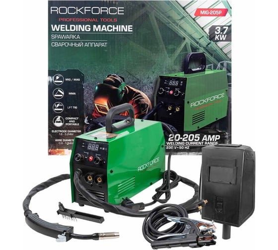 Изображение товара Сварочный аппарат Rockforce 3.7 кВт, 230 В, диаметр электрода - 1.6-3.2 мм, диаметр проволоки - 0.8-1 мм, сварочный ток - 20-205 А RF-MIG-205P(58934)