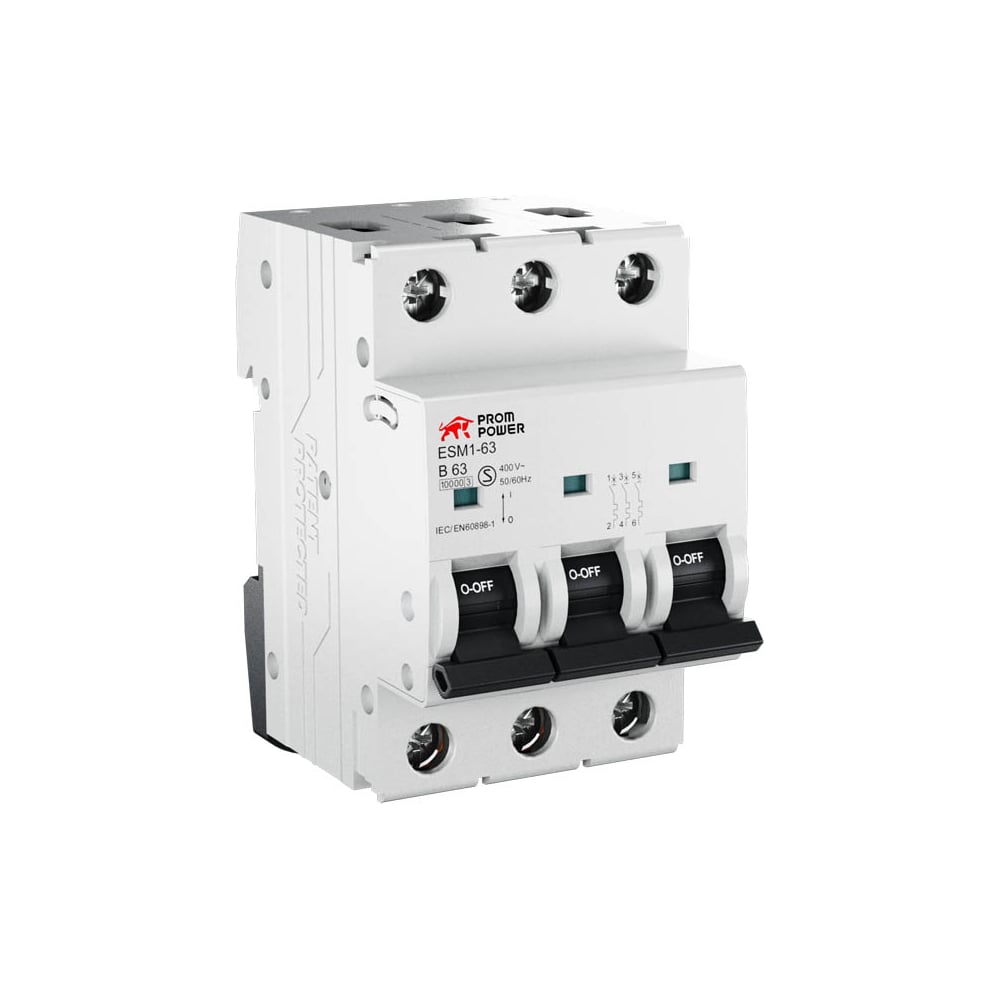 Изображение товара Автоматический выключатель Prompower ESM2-63/D10/3 3-полюсный 6kA 10A модульный IP20