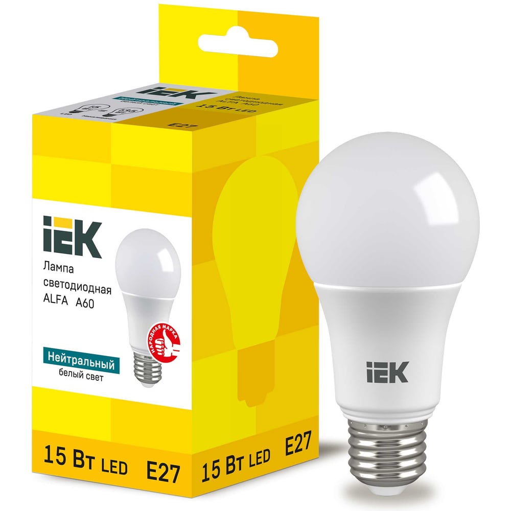 Изображение товара Лампа IEK LED ALFA A60 груша 15Вт 230В 4000К E27 (6шт/упак) LLA-A60-15-230-40-E27-6 Изображение товара Лампа IEK LED ALFA A60 груша 15Вт 230В 4000К E27 (6шт/упак) LLA-A60-15-230-40-E27-6