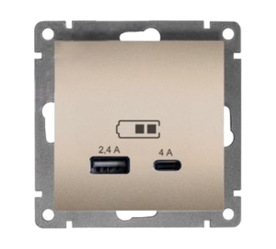 Изображение товара Розетка USB UNIVersal Type-A (2,4А) + Type-C (4А) серия "Афина" с/у, шампань (еврослот) А0059-Br