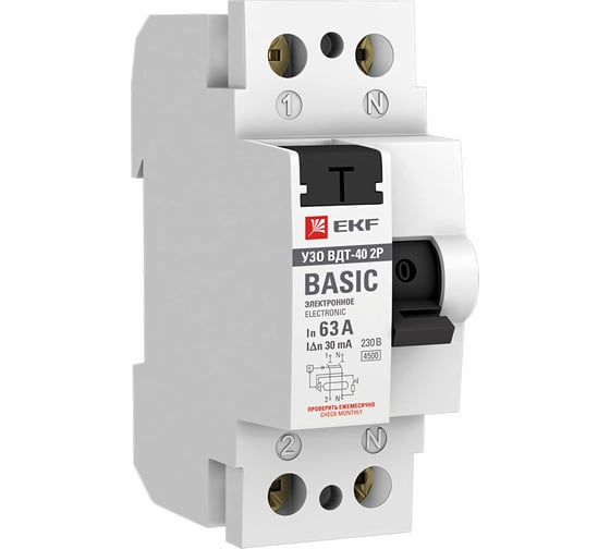 Изображение товара Устройство защитного отключения EKF УЗО ВДТ-40, 2P, 63А/30мА, электронное, Basic elcb-2-63-30e-sim