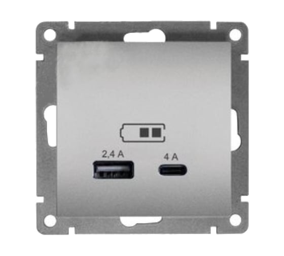 Изображение товара Розетка USB UNIVersal Type-A (2,4А) + Type-C (4А) серия "Афина" с/у, серебро (еврослот) А0059-S