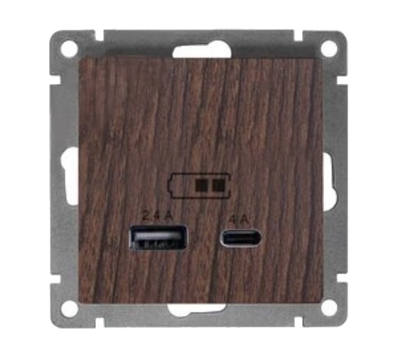 Изображение товара Розетка USB UNIVersal Type-A (2,4А) + Type-C (4А) серия "Афина" с/у, венге (еврослот) А0059-V