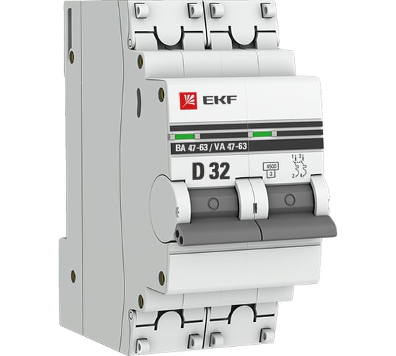 Изображение товара Автоматический выключатель EKF ВА 47-63, 2P, 32А, 4,5kA, PROxima mcb4763-2-32D-pro