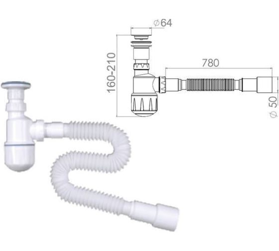 Изображение товара Сифон для биде AV Engineering выпуск 64 мм, с гибкой трубой 1 1/4- 40/50 мм AVE129745