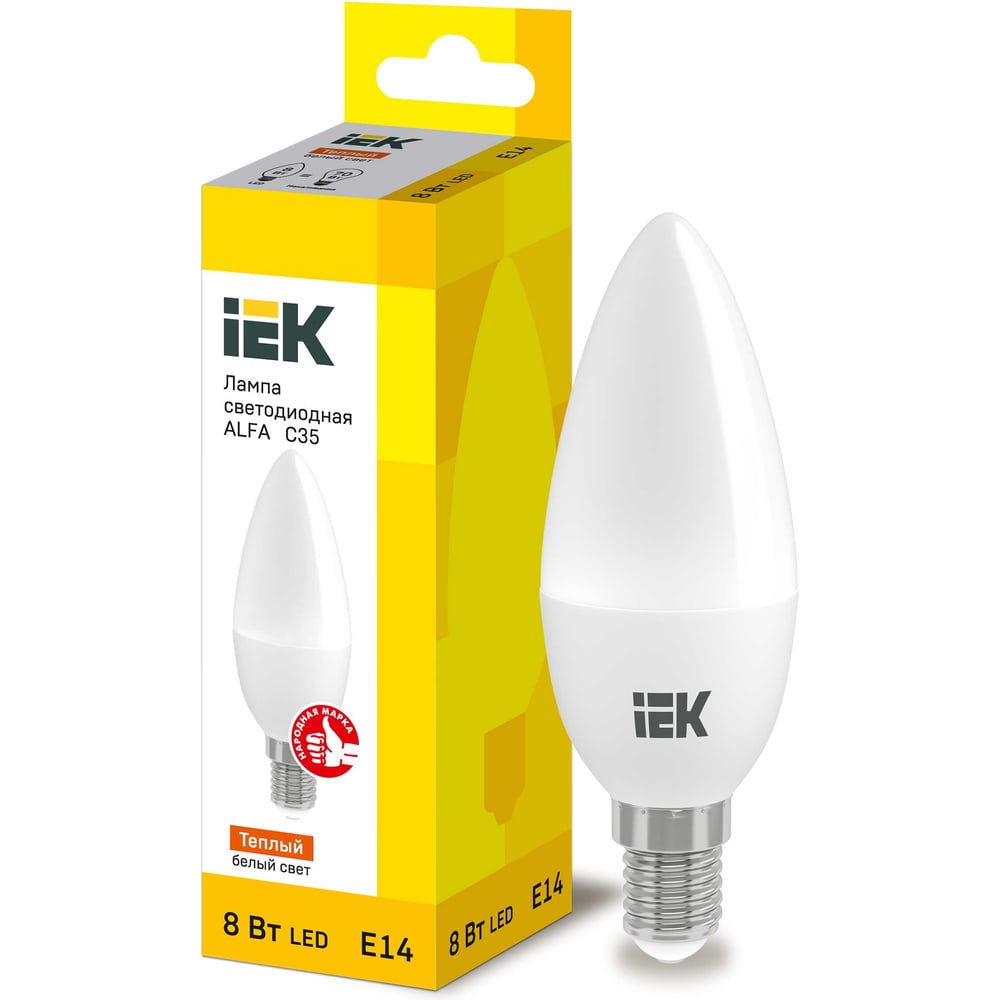 Лампа IEK LED ALFA C35 свеча 8Вт 230В 3000К E14 LLA-C35-8-230-30-E14