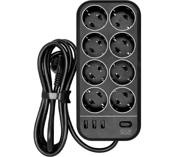 Изображение товара Сетевой фильтр POWERCOM SP-08 USB03AB 3,0 m, 8 розеток, черный, коробка 1928707