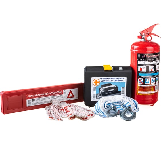 Изображение товара Набор автомобилиста ON 6 предметов сумка, аптечка, огнетушитель, трос, знак, перчатки 16-07-010
