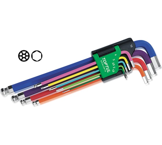 Изображение товара Набор ключей шестигранных TOPTUL 1,5-10мм 9шт экстра-длин.с шар. цветные GAAL0918