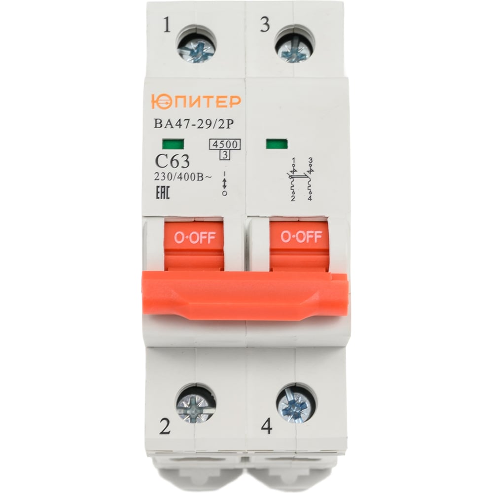 Изображение товара Автоматический выключатель ЮПИТЕР ВА47-29 2Р 63А 4,5 кА модульный для DIN-рейки