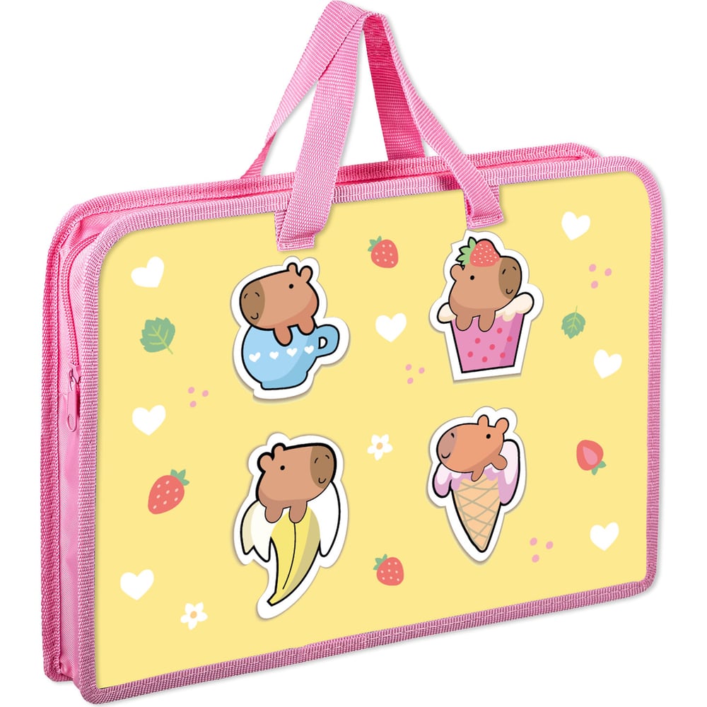 Изображение товара Папка на молнии с ручками А4 пластиковая, 1 отделение, желтая/розовая Capybaras