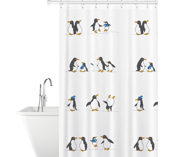 Изображение товара Штора для ванной Tatkraft Penguins занавеска, текстиль, 180x180 см, 12 колец в комплекте 11595