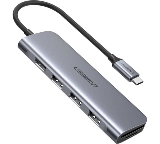 Изображение товара USB-Хаб Ugreen CM195 USB-C to 3 Ports USB3.0-A Hub + HDMI + TF/SD. Цвет: серый космос 70410