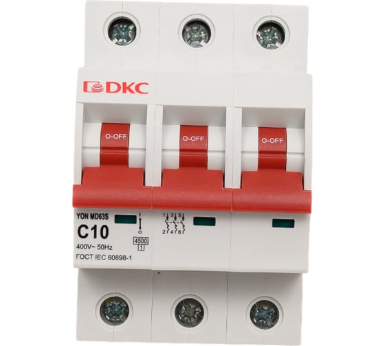 Изображение товара Автоматический выключатель модульный DKC YON max типа MD63S, 4,5кА, 3 полюса, хар ка C, 10А 1 шт MD63S 3PC10 MD63S-3PC10