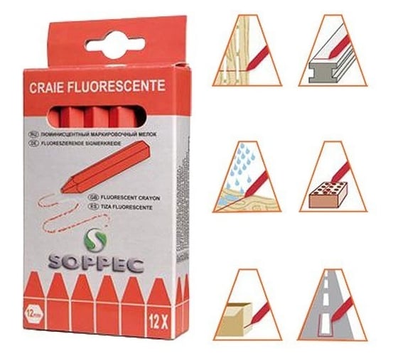 Изображение товара Мелок Soppec флуоресцентный, восковой строительный, универсальный CF, красный упаковка (12шт) 421113
