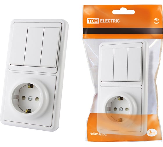 Изображение товара Комбинированный блок TDM ELECTRIC БКВР 3-х клавишный выключатель + розетка, 2П+З, с з/ш SQ1813-0003