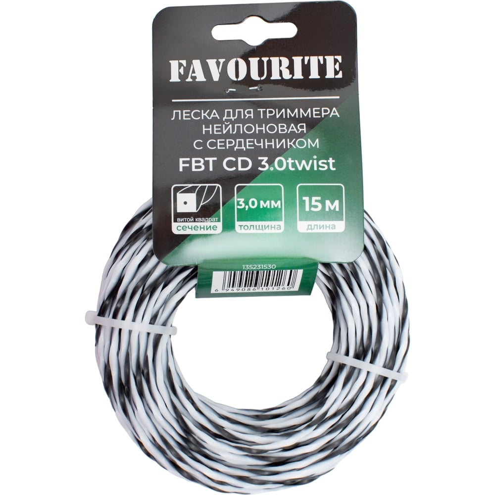 Изображение товара Леска для триммера нейлоновая 3.0 мм 15 м витой квадрат с сердечником FAVOURITE