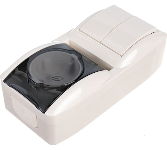 Изображение товара Вертикальный 2-х клавишный выключатель и розетка с крышкой Lezard NATA с заземлением, крем 710-0300-173