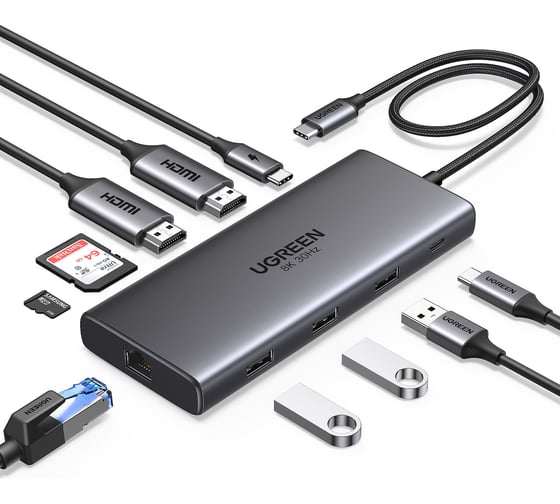 Изображение товара Конвертер Ugreen CM639 (15534) Revodok Pro 10-in-1 8K@30Hz USB-C to 1*USB3.0&2*USB2.0&USB-C3.0&2*HDMI&RJ45 Gigabit&SD&TF&PD. цвет: серый 15534_