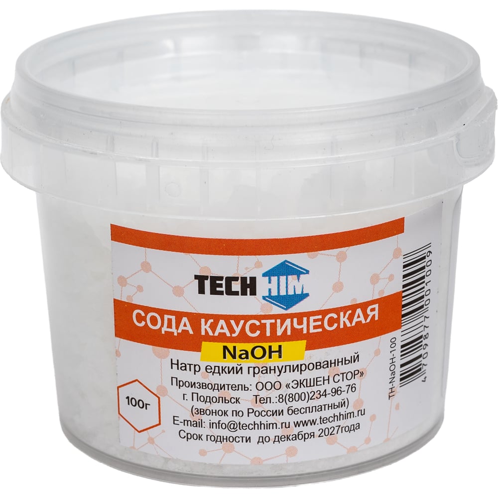 Изображение товара Кальцинированная каустическая сода TECHHIM 100гр гранулы для химических и промышленных целей