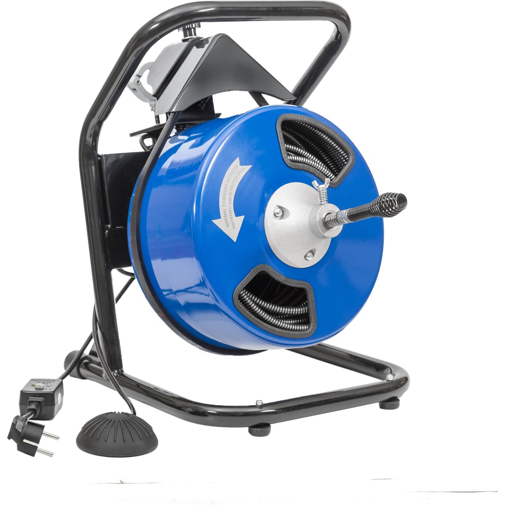 Машина для удаления засора КРОКОЧИСТ барабанного типа с приводом от дрели, для труб длиной до 25 метров, диаметром до 110 мм, в комплекте спираль усиленная стальным сердечником, 4 сменные насадки и ключ, УЗО, пневмопедаль, дрель в комплекте 50611-10-25Д