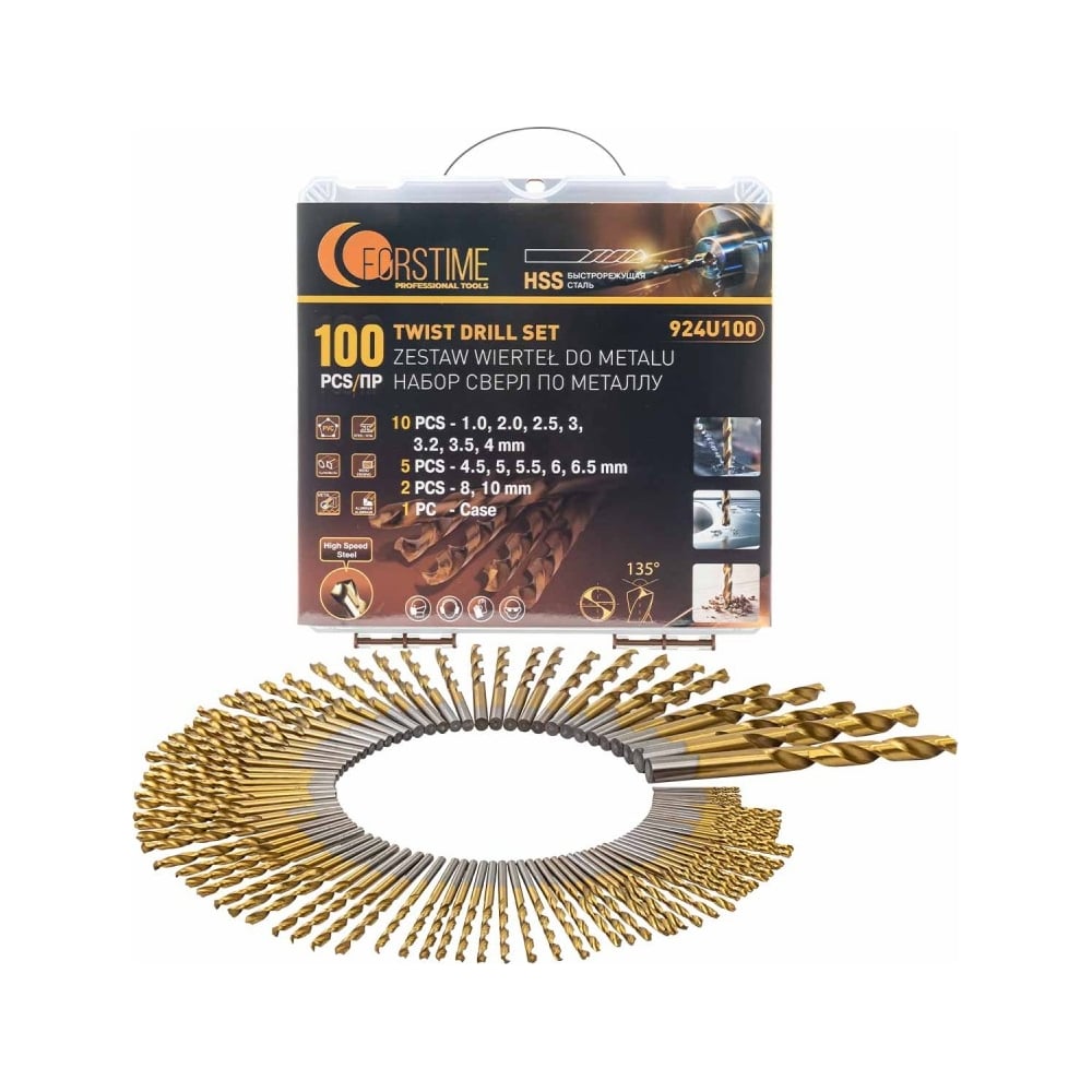 Изображение товара Набор сверл по металлу 100 шт FORSTIME FT-924U100 высокосортная сталь