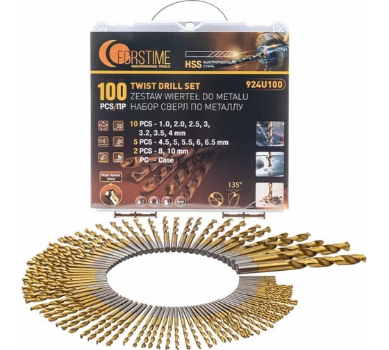 Изображение товара Сверла по металлу, набор 100 предметов FORSTIME FT-924U100(58827)