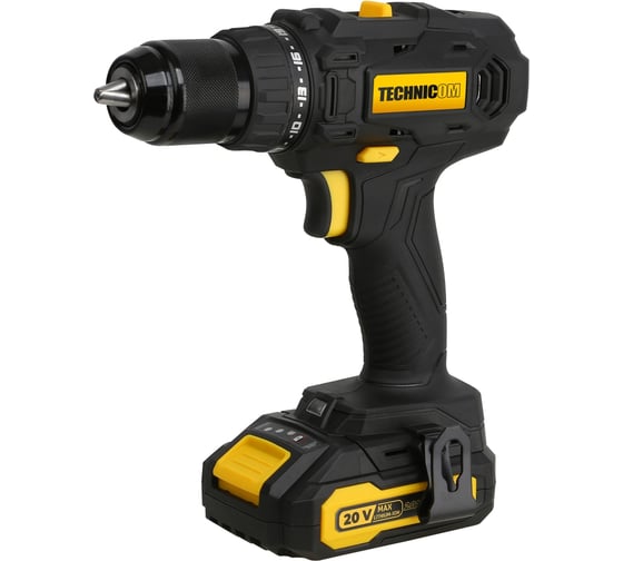 Изображение товара Аккумуляторная дрель-шуруповёрт TECHNICOM 20В, 2Ач, 2-13мм диаметр патрона, 2 скорости 0-400/0-1500 об/мин, 25+1 ступеней крутящего момента TC-CD797