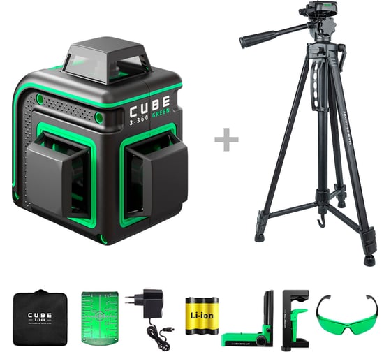 Изображение товара Лазерный уровень ADA КОМПЛЕКТ CUBE 3-360 GREEN Home Еdition + Штатив телескопический с резьбой 1/4 дюйма Digit 167 (167 см) А00738