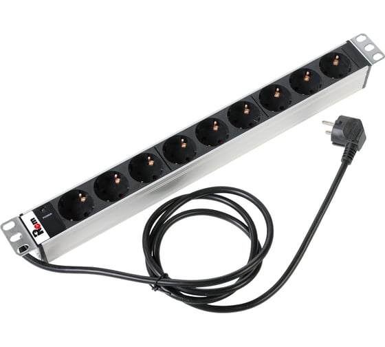 Изображение товара Блок розеток REM Rem-16 с индиктором, 9 Schuko, 16A, алюминий, 19, шнур 3м, черный R-16-9S-I-440-3