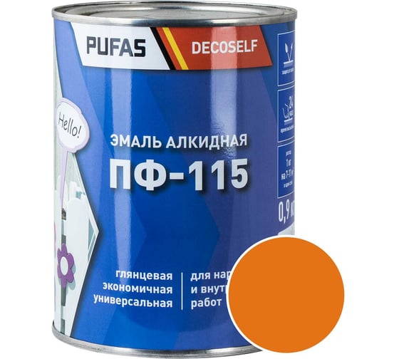 Изображение товара Эмаль Pufas ПФ-115 оранжевая Decoself 0,9кг=0,67л тов-206025