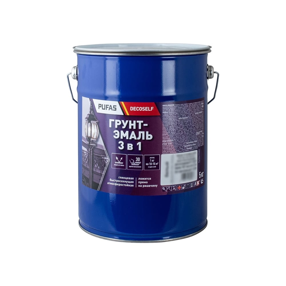 Изображение товара Грунт-эмаль Pufas 3 в 1 быстросохнущая серая глянц Decoself 5 кг для металла и помещений