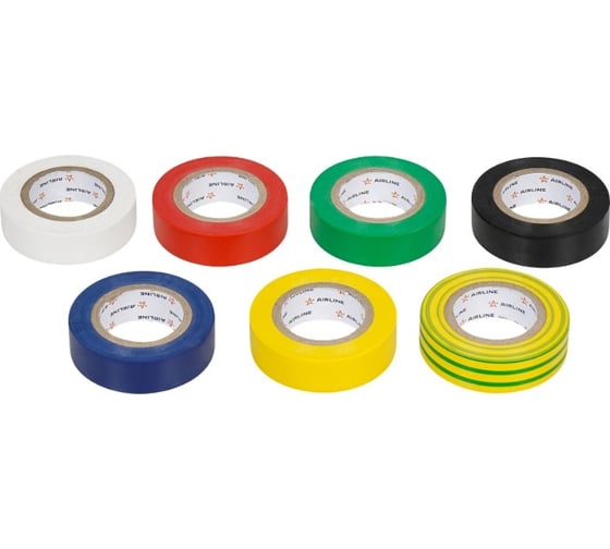 Изображение товара Изолента Airline ПВХ, набор 7 шт. (син., чёр., кр., зел., бел., желт., желто-зел.), 19 мм, 10 м ADET004