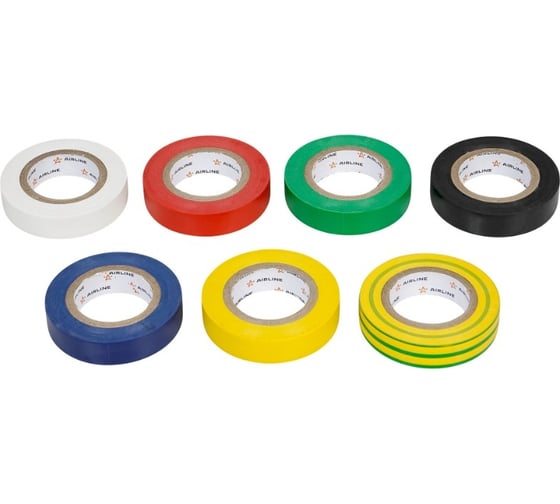 Изображение товара Изолента Airline ПВХ, набор 7 шт. (син., чёр., кр., зел., бел., желт., желто-зел.), 15 мм, 10 м ADET002
