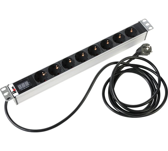 Изображение товара Блок розеток REM Rem-16, с амперметром, 8 Shuko, 16A, алюминий, 19, шнур 3м R-16-8S-AM-440-3