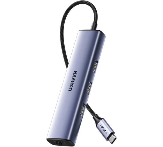 Изображение товара Адаптер Ugreen CM475  USB-C to 3×USB3.0 Hub+RJ45 (1000M) Ethernet Adapter без порта питания. Цвет: серый 60600