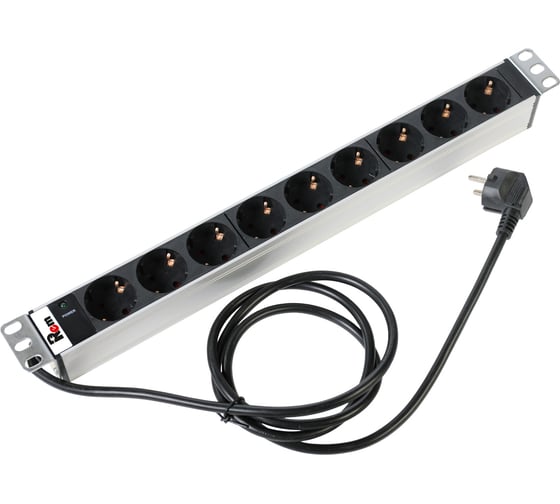 Изображение товара Блок розеток REM Rem-16 с индикатором, 9 Shuko, 16A, алюминиевый корпус, 19, шнур 1,8 м R-16-9S-I-440-1.8