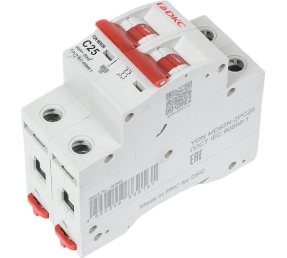 Изображение товара Автоматический модульный выключатель DKC YON max типа MD63N, 6кА, 2 полюса, характеристика C, 25А 1 ШТ MD63N 2PC25 MD63N-2PC25