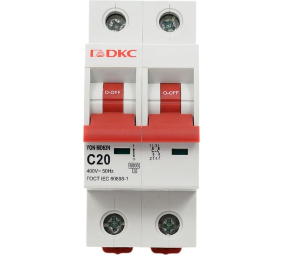Изображение товара Автоматический модульный выключатель DKC YON max типа MD63N, 6кА, 2 полюса, характеристика C, 20А 1 ШТ MD63N 2PC20 MD63N-2PC20