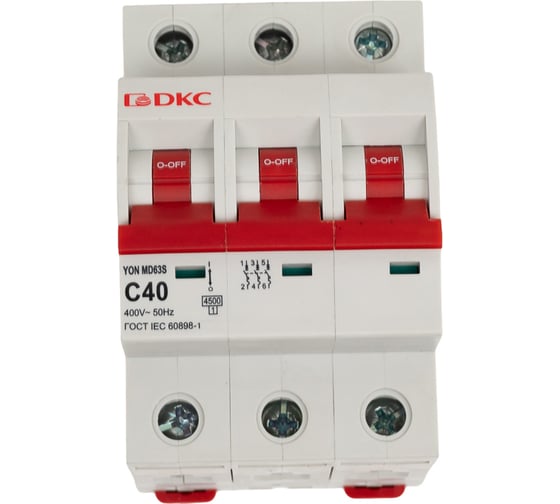 Изображение товара Автоматический модульный выключатель DKC YON max типа MD63S, 4,5кА, 3 полюса, характеристика C, 40А 1 ШТ MD63S 3PC40 MD63S-3PC40