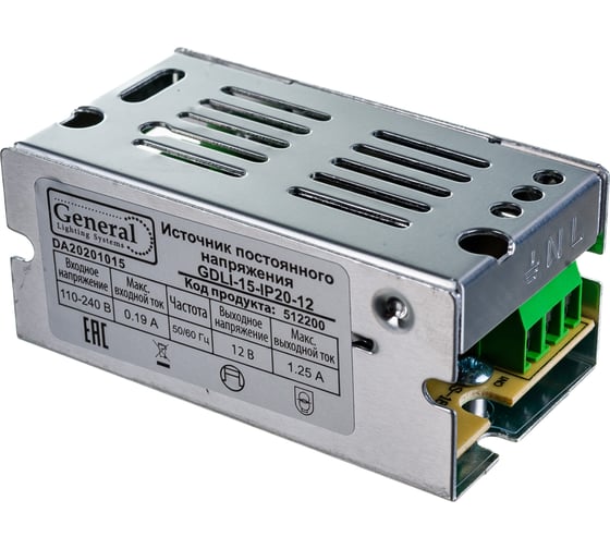 Изображение товара Светодиодный драйвер General Lighting Systems, GDLI-15-IP20-12 12В 15Вт 1,25А IP20 110-240В 512200