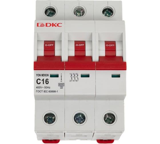 Изображение товара Автоматический модульный выключатель DKC YON max типа MD63N, 6кА, 3 полюса, характеристика C, 16А 1 ШТ MD63N 3PC16 MD63N-3PC16